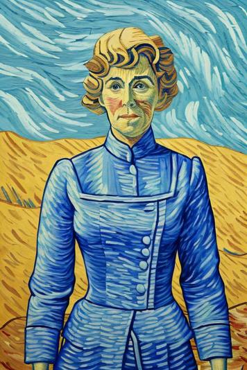Artistic portrait of a woman in a blue period-style dress, rendered in a Van Gogh-inspired technique with bold, swirling brushstrokes. Her hair is styled in short curls, and her expression is serious. The background features a dynamic, swirling blue sky and a muted gold field, emphasizing the vivid blue of her attire and her intense gaze
