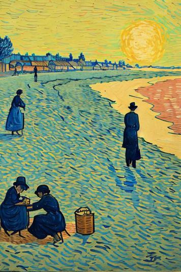 Artistic depiction of a beach scene at sunset, painted in a Van Gogh-inspired style with bold, swirling brushstrokes. Several figures in dark clothing are scattered across the sandy beach. One walks along the shoreline, while two others sit on the ground playing a game. A large, radiant sun sets in the background, casting a warm glow over the scene and reflecting on the water's edge. The distant horizon shows silhouette of a town