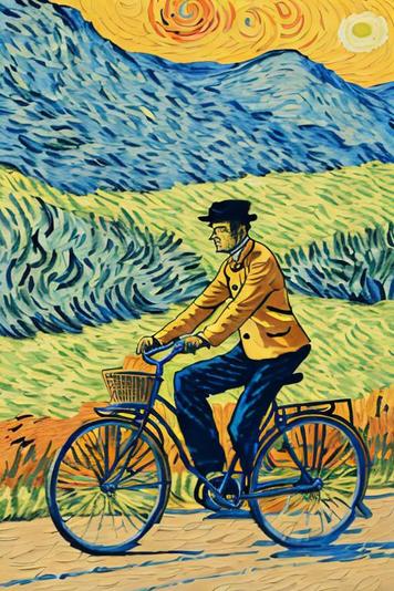 Artistic illustration featuring a man riding a bicycle in a stylized landscape inspired by Van Gogh's painting style. The man wears a yellow jacket, a black cap, and glasses, pedaling along a path with vibrant, swirling patterns of blue and yellow in the sky, and wavy green fields around him