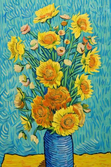 Vibrant painting of a bouquet of sunflowers in a blue vase, rendered in a Van Gogh-like style with thick, textured brushstrokes. The sunflowers vary in shades of yellow and orange, with detailed, curly green stems and leaves. The background is a vivid blue with abstract, swirling patterns, contrasting sharply with the warm tones of the flowers and the tabletop in yellow