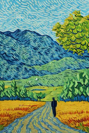 Artistic landscape painting in a style inspired by Van Gogh, featuring a person walking down a winding path through a vibrant, colorful countryside. The scene includes swirling blue skies, a lush green hillside, and a golden tree with exaggerated leaf details. The foreground shows patches of dried golden grass alongside the path, contrasting with the cooler tones of the mountains and sky