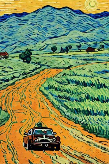 Artistic landscape painting depicting a vintage black car traveling down a winding dirt road through a countryside scene, styled in expressive Van Gogh-like brushstrokes. The road divides lush green fields under a dramatic, swirling blue sky. Distant mountains and small rural buildings under a pale yellow sun add depth to the vivid, textured scene