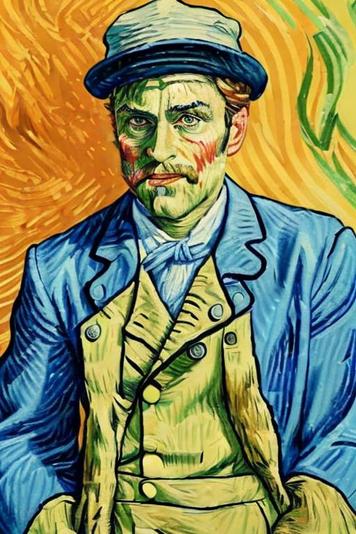 Artistic portrait of a man in a Van Gogh-inspired style, featuring expressive, swirling brushstrokes. The man has a stern expression, deep-set eyes, and a full beard. He is dressed in a blue jacket over a yellow vest, with a white hat. The background swirls with vibrant orange and green, adding a dynamic, energetic feel to the image