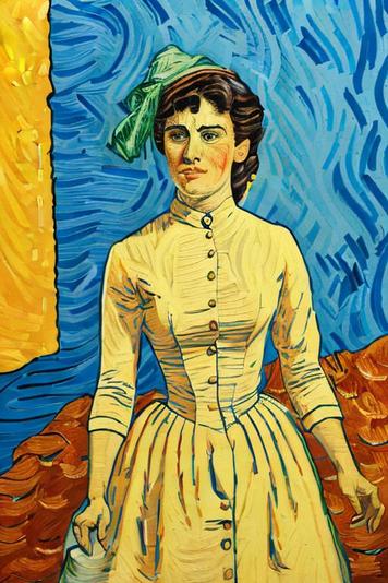 Vividly painted portrait of a woman in a style reminiscent of Van Gogh, featuring swirling and expressive brush strokes. The woman has a determined expression, dark hair styled in a bun, and wears a light yellow dress with a high collar and button details. She is accessorized with a green bow in her hair. The background contrasts bold blue and orange swirls, enhancing the dynamic and colorful portrayal