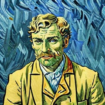 Artistic portrait of a man with a contemplative expression, painted in a vibrant style reminiscent of Van Gogh. His features include a tousled beard, intense eyes, and tousled blonde hair. He wears a yellow coat over a light blue shirt. The background consists of dynamic blue brushstrokes, adding a turbulent yet intriguing atmosphere to the portrait