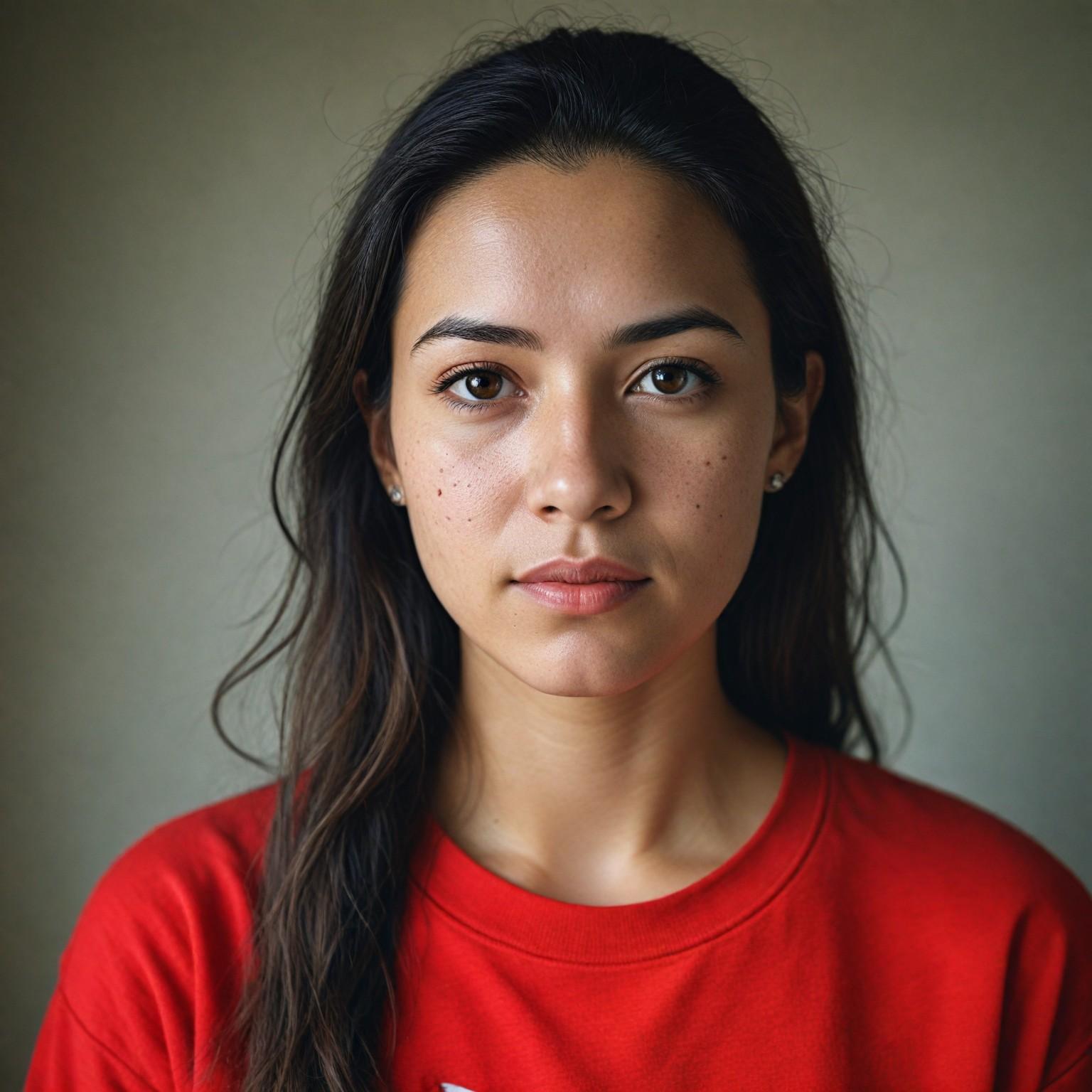 Close-up portrait of a young woman with a calm and direct gaze. She has olive skin, long dark hair pulled to one side, and light freckles across her cheeks and nose. She is wearing a red t-shirt. The background is a soft, neutral tone that highlights her facial features