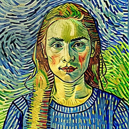 Artistic portrait of a woman in a style inspired by Van Gogh, featuring dynamic, swirling patterns of green, blue, and yellow. The woman has long red hair, green eyes, and is wearing a blue striped shirt. Her expression is contemplative, set against a vibrant background of radiating blue and green lines that evoke movement and emotion