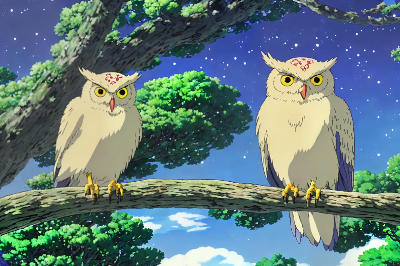 ai generated Studio Ghibli poster. Beautiful poster depicting two owls sitting on a tree at night. The stars are visible in the background. The colors are blue, green and beige.