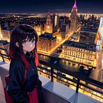 ai generated anime girl with big blue eyes standing on a balcony with a beautiful city behind her back, at night