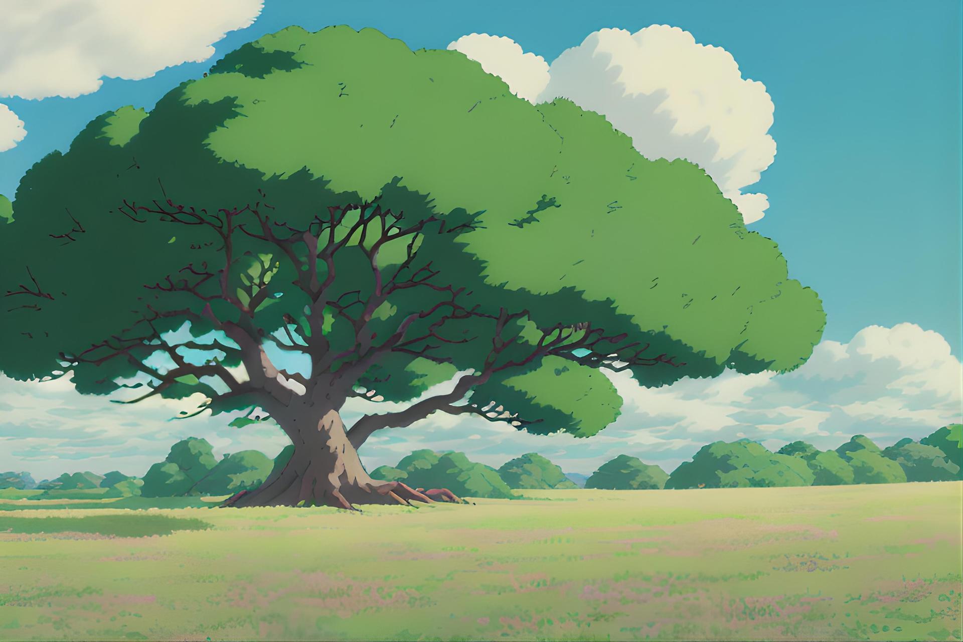 ai generated from text Studio Ghibli image depicting digital art of a majestic, solitary tree with a thick trunk and expansive canopy of green leaves, standing in the center of a tranquil field with scattered flowers, under a sky dotted with fluffy white clouds.