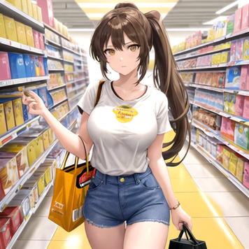 ai generated anime girl walking down the alley in a supermarket, she is wearing a tight white t-shirt and tight and short blue shorts, she is a beautiful anime girl