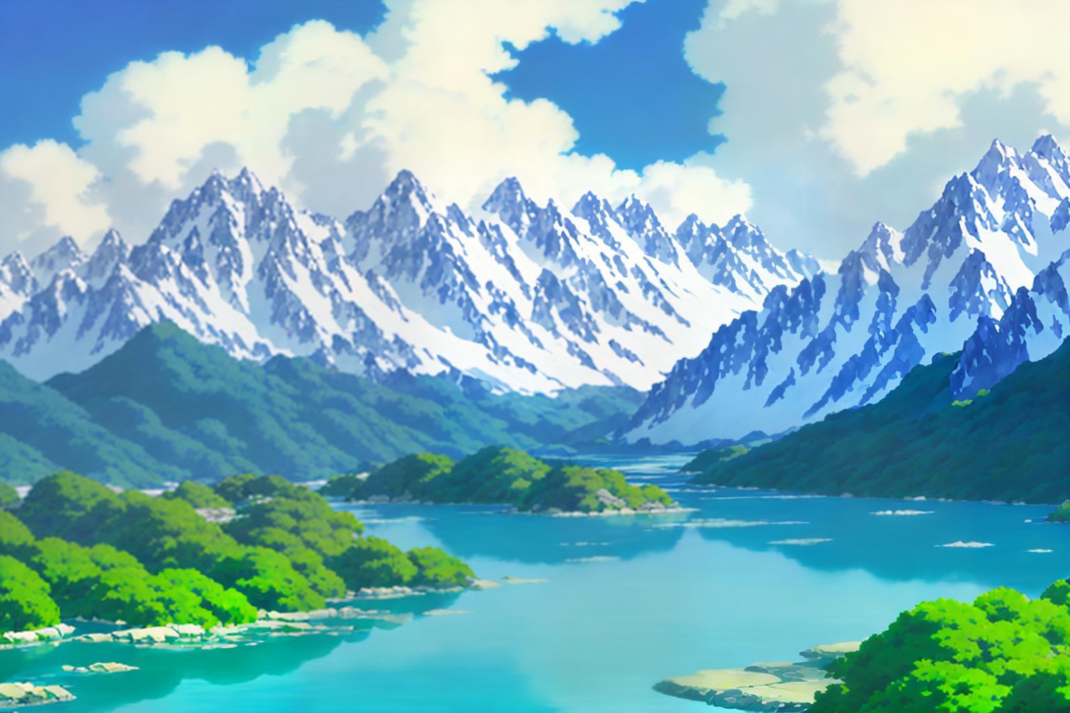 ai generated Studio Ghibli wallpaper. Beautiful landscape depicting mountains, snow, lake and trees on a sunny day. The colors are blue, green and white.