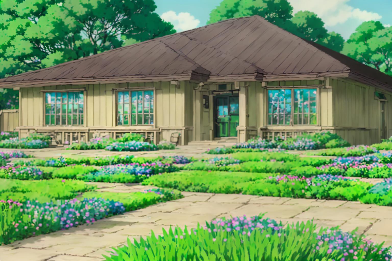 ai generated Studio Ghibli artwork depicting a charming cottage with a thatched roof surrounded by a lush flower garden with a variety of vibrant blooms and a stone pathway leading to the welcoming front door, set against a backdrop of green trees under a clear sky.