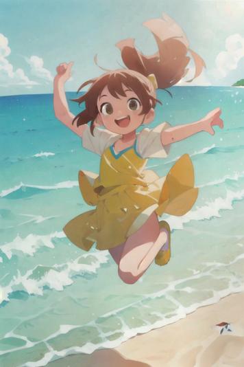 ai generated little anime girl with big eyes jumping on the beach, she is having fun and she is laughing, the sea is in the background