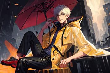 ai generated anime boy wearing a yellow raincoat, holding a red umbrella, he is sitting and posing for a photo