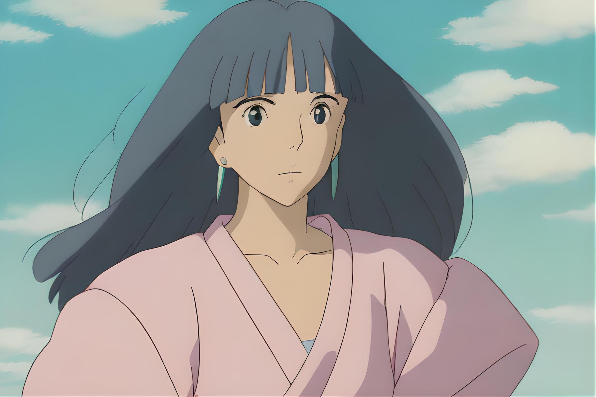 ai generated Studio Ghibli image depicting animated image of a young woman with long dark hair and large expressive eyes, wearing a soft pink traditional kimono, set against a backdrop of a clear blue sky with light, wispy clouds