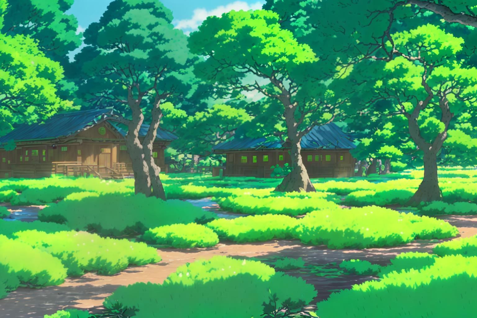 ai generated Studio Ghibli background depicting lush green forest scenery with traditional wooden cabins nestled among vibrant trees and bushes, featuring a clear path leading through the verdant landscape under a bright blue sky.
