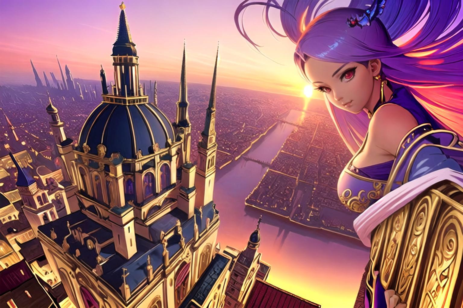 ai generated beautiful anime city with a huge anime girl with pink hair floating above the city. The colors of this artwork are mostly pink and purple