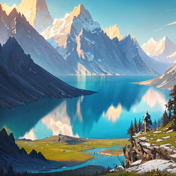 ai generated anime-style landscape, the artwork depicts mountains, snow, trees and a calm lake, it is daytime