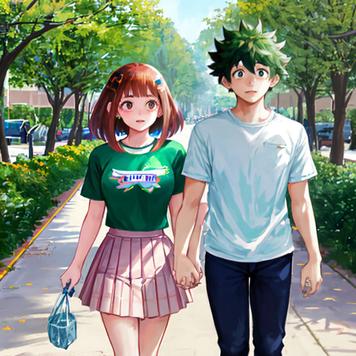 ai generated anime girl and ai generated anime boy, a couple, walking down the street, anime girl is wearing a pink skirt and a green top, they are holding hands, they are Uraraka Ochako and Izuku Midoriya