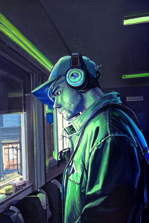 ai generated artwork depicting a 30-year-old handsome man wearing a hat and headphones, looking out the window. Image after it is converted to anime-styled image using ControlNet Lineart Anime