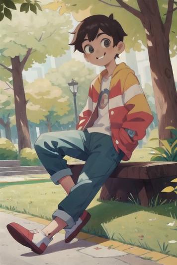 ai generated young anime boy sitting on a bench in the park, he’s wearing blue jeans and a cool jacket