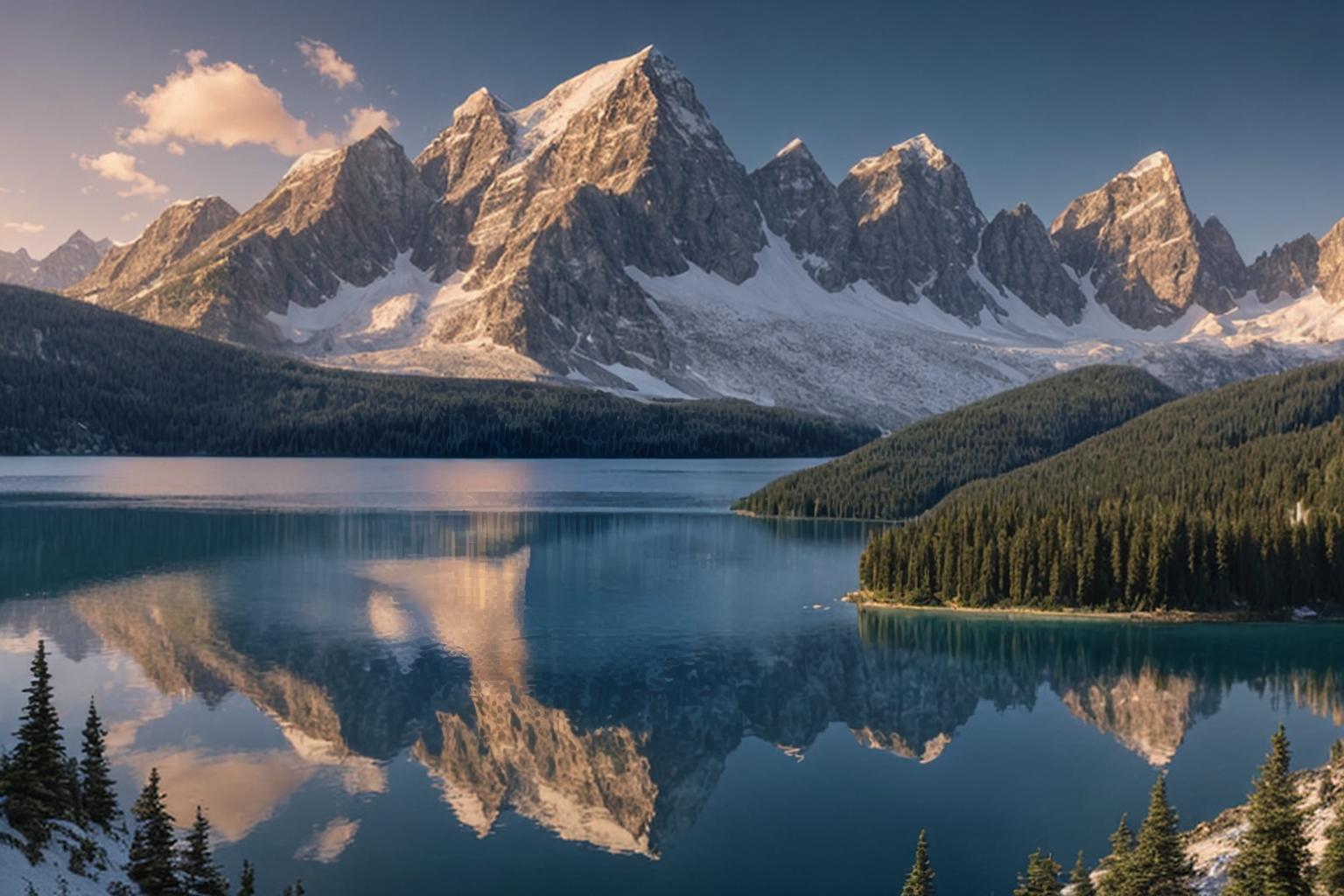 AI generated photo of a lake near the large mountain.