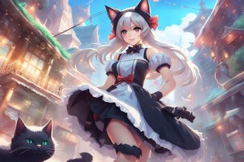 ai generated catgirl, nekomimi, she’s wearing a maid dress, anime-style artwork, she has extremely detailed eyes, there’s also a black anime cat