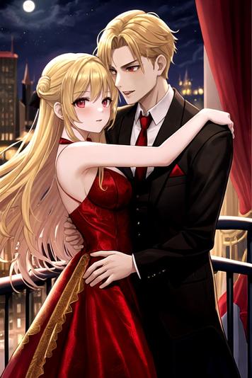 ai generated girl and ai generated boy, ai generated couple of vampires, the girl is wearing a beautiful red dress, it’s a night time
