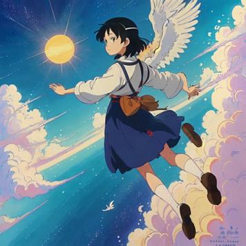 ai generated girl with angel wings flying in the sky among clouds, sunny