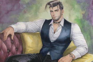 ai generated anime illustration depicting a young handsome male with a choker, he’s wearing a waistcoat and he is very muscular