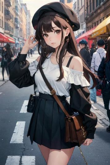 ai generated anime girl standing on the street in a white top and black skirt, posing for a picture