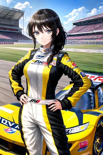 ai generated anime girl standing on a race track, wearing yellow dungarees. Behind her there is a yellow racing car